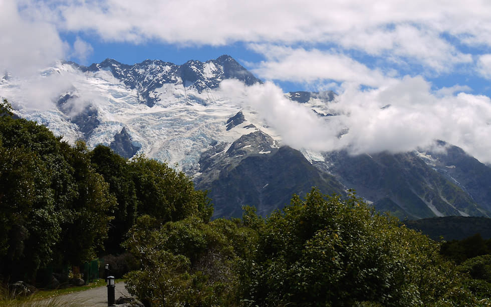 View from Mt Cook village Aoraki into the mountains