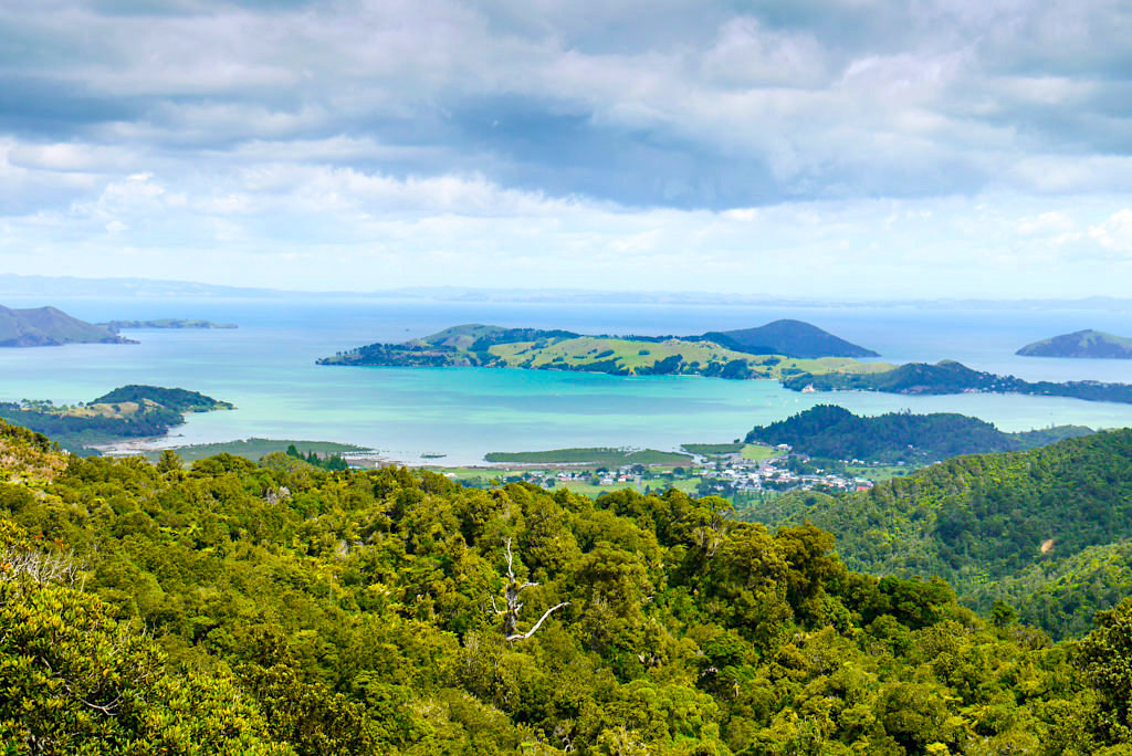 Wunderschöner Ausblick auf den Ort Coromandel im Norden der Coromandel Peninsula - Nordinsel, Neuseeland