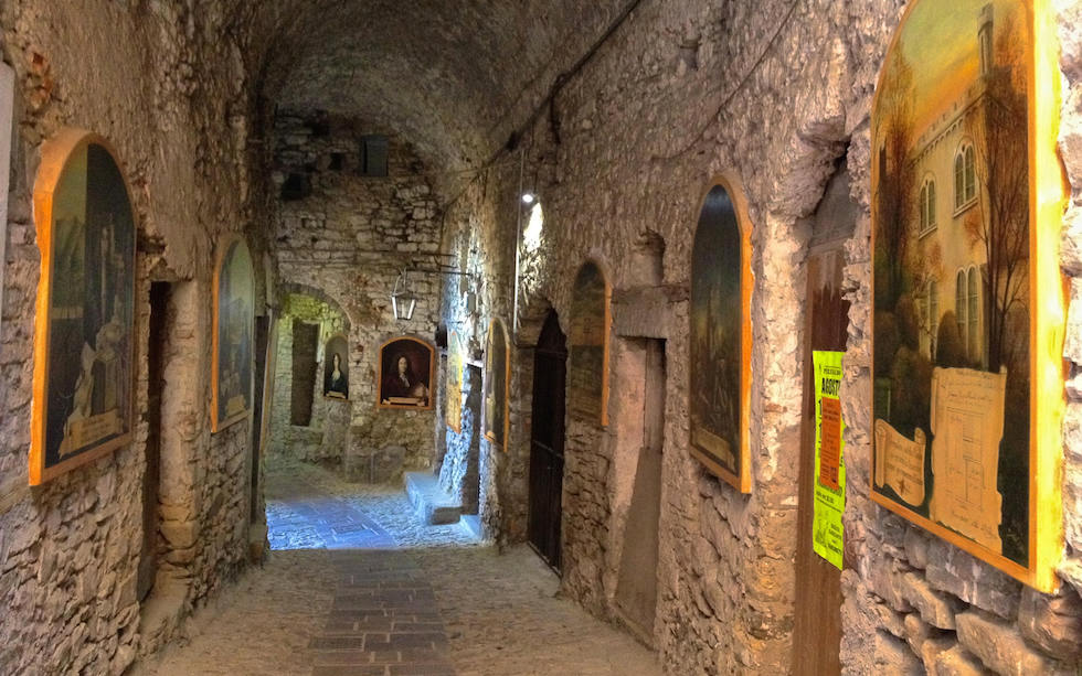Small alley of medieval small village Perinaldo near Ventimillia in Italy