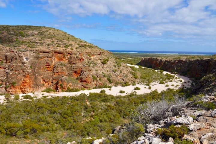 Blick auf das ausgetrocknete Flussbett der Mandu Mandu Gorge - Wandern im Cape Range National Park - Western Australia